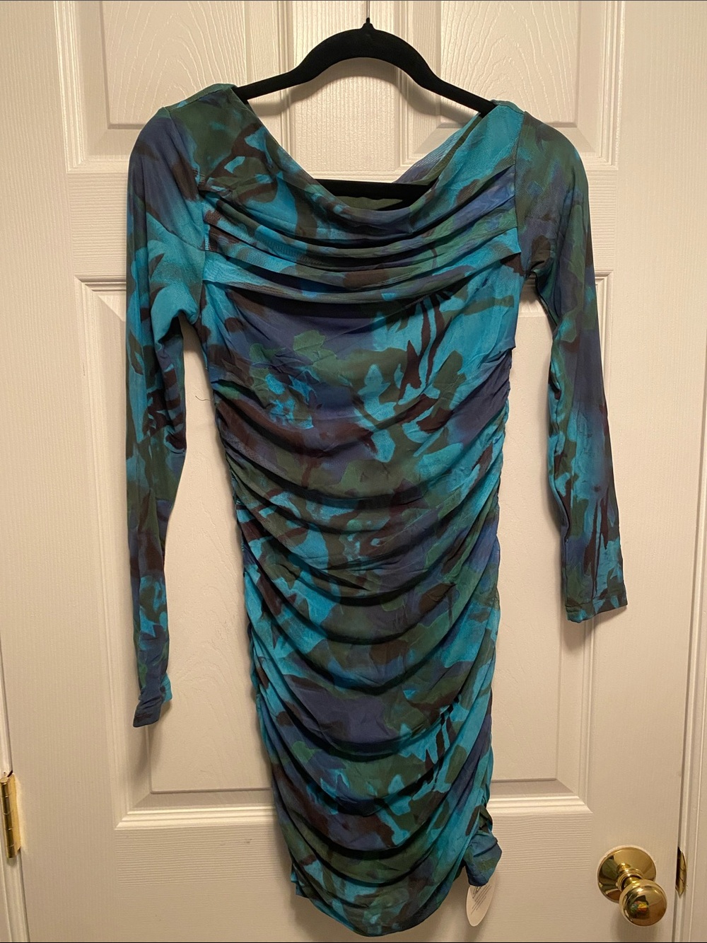 Prinbara Ruched Long Sleeve Floral Green Print Dress…size S
